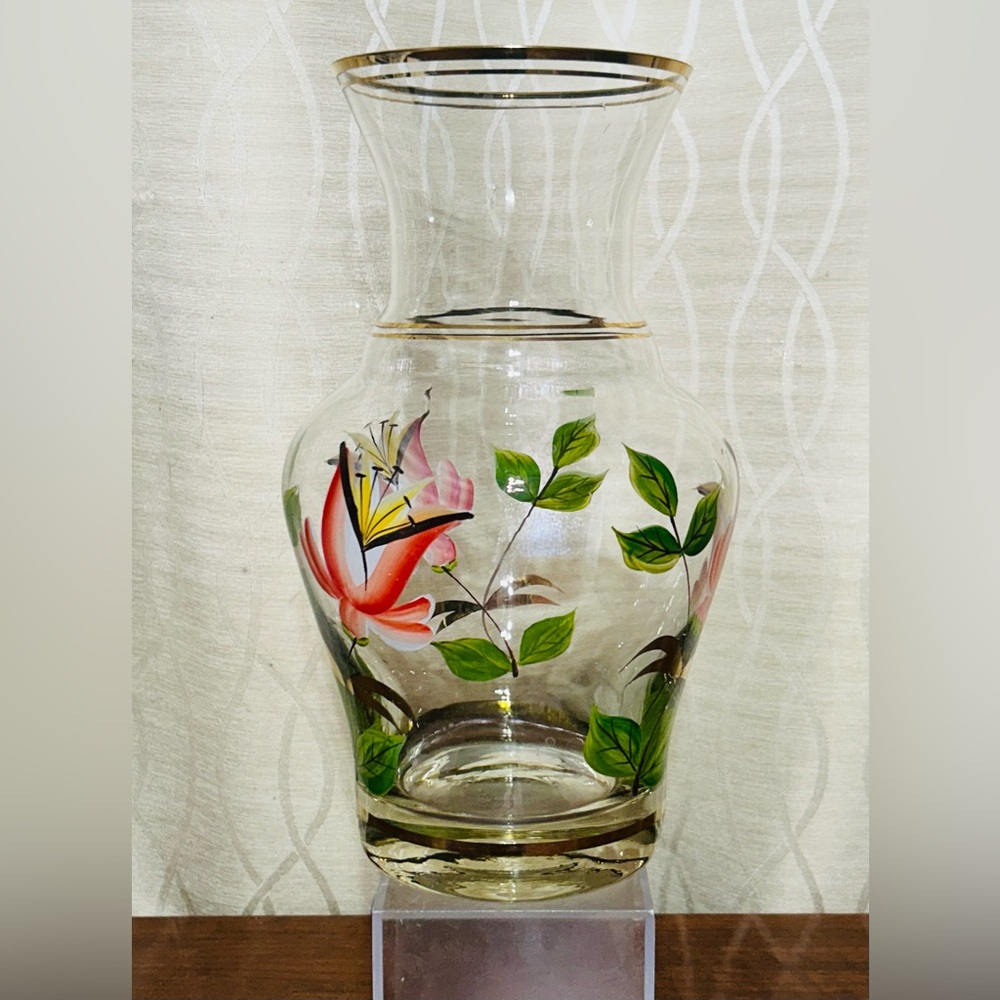 MCM Blown Glass Hand Painted Flowers and Green Foliage Design Vase